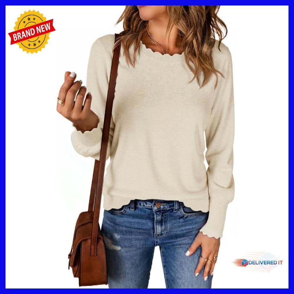 Women's Lightweight Pullover Sweater Scallop Trim Crew Neck Long Sleeve